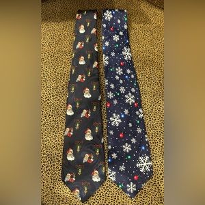 Set of 2 Ties, Santa tie w/black background 100% poly, blue snowflake 100% silk